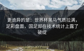 更诡异的是：世界杯黑马气质拉满，足彩盘面，国足却在技术统计上露了破绽